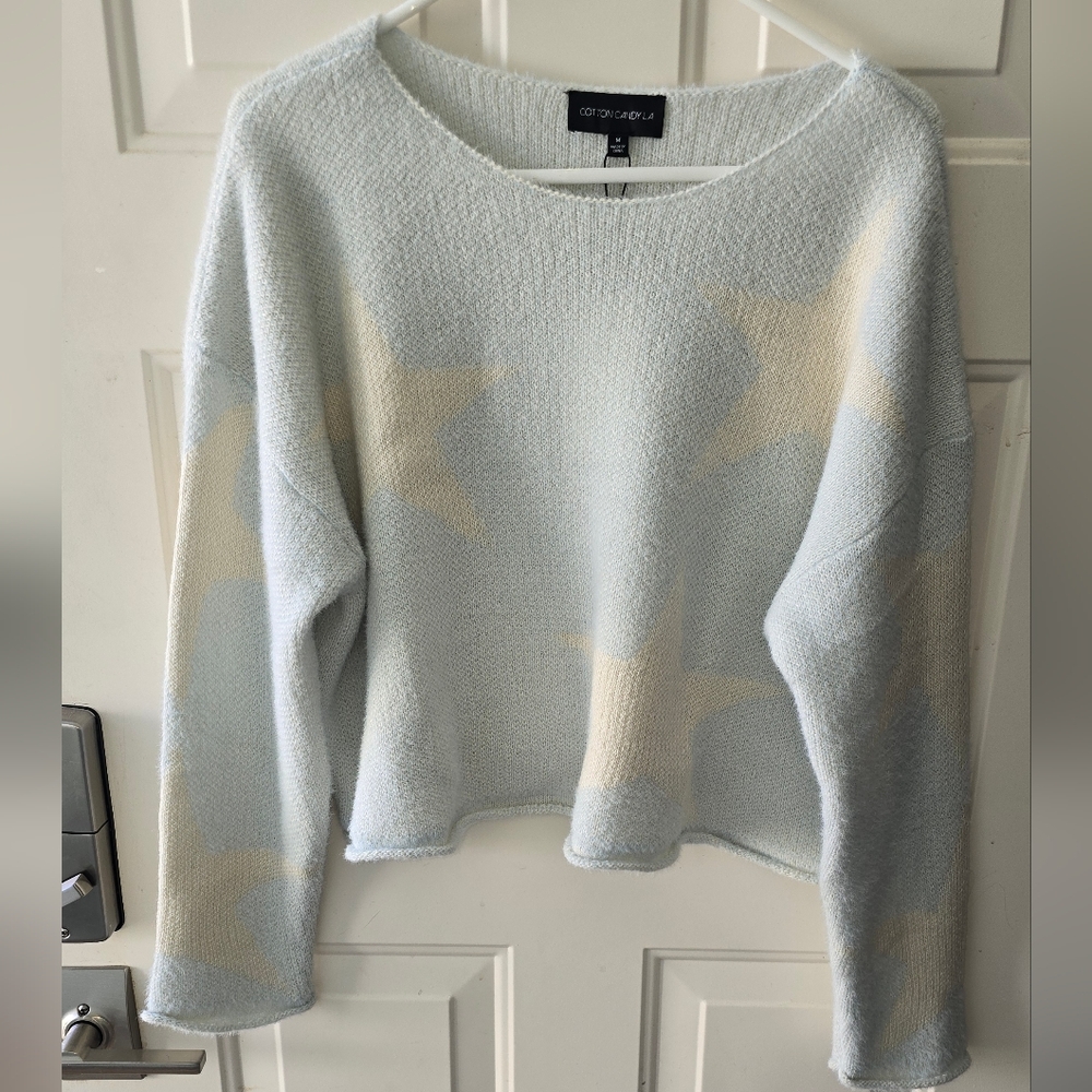 Cotton Candy Starry Sky Sweater - Light Blue and Cream Super Soft Boxy Crop Cozy